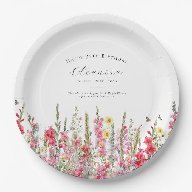 95th Birthday August Birth Flower Party Supplies Paper Plates (Front)