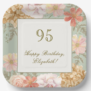 95th Birthday Autumn Color Floral Sage Green Paper Plates