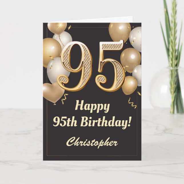 95th Birthday Black and Gold Balloons Confetti Card (Front)