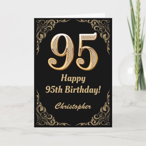 95th Birthday Black and Gold Glitter Frame Card