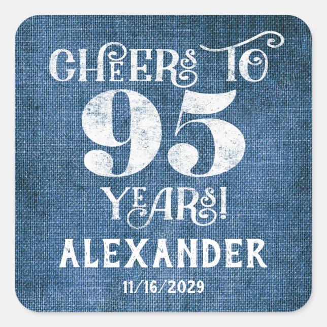 95th Birthday Blue Linen Thank You Favor Stickers (Front)
