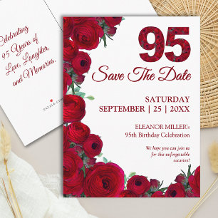 95th Birthday Bold Red 95 Floral Save the Date Announcement Postcard