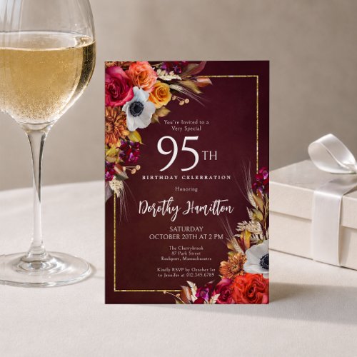 95th Birthday Burgundy Fall Flowers Elegant Script Invitation
