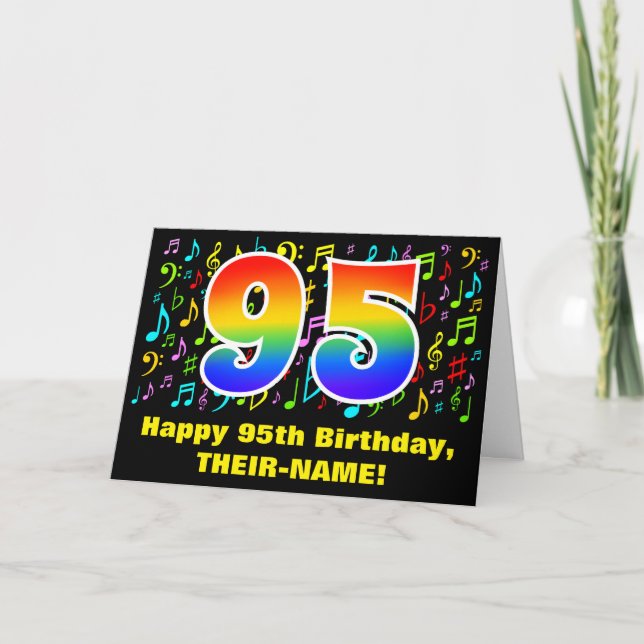 95th Birthday: Colorful Music Symbols & Rainbow 95 Card (Front)