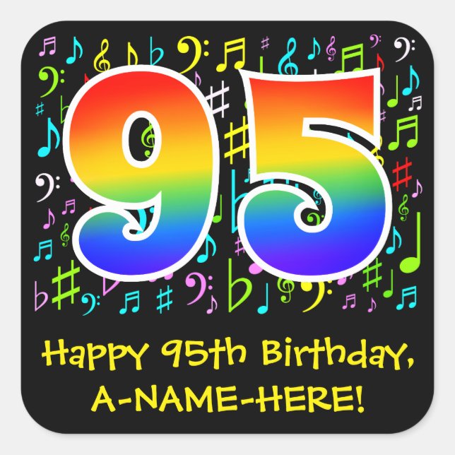 95th Birthday: Colorful Music Symbols, Rainbow 95 Square Sticker (Front)