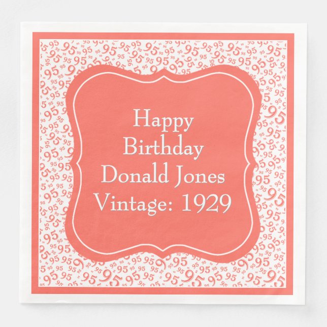 95th Birthday Coral/White Bracket Number Pattern Paper Dinner Napkins (Front)