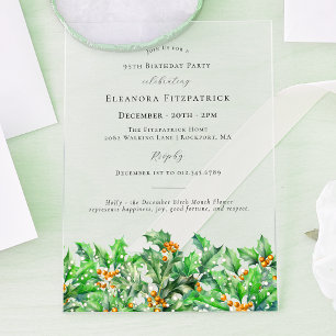 95th Birthday December Birth Month Flower Holly Acrylic Invitations