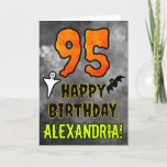 95th Birthday: Eerie Halloween Theme   Custom Name Card<br><div class="desc">The front of this scary and spooky Halloween themed birthday greeting card design features a large number “95”, along with the message “HAPPY BIRTHDAY, ”, and an editable name. There are also depictions of a bat and a ghost on the front. The inside features a custom birthday greeting message, or...</div>