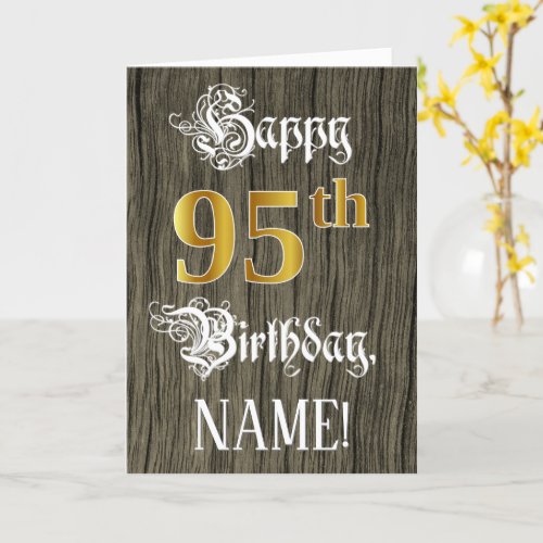 95th Birthday Faux Gold Look  Faux Wood Pattern Card