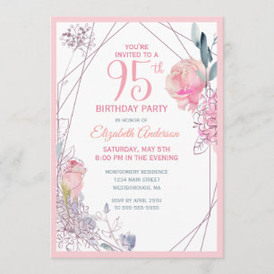 95th Birthday Floral Blush Rose Watercolor Party Invitation