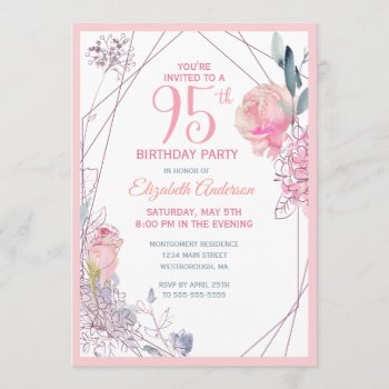 95th Birthday Floral Blush Rose Watercolor Party Invitation by ilovedigis at Zazzle
