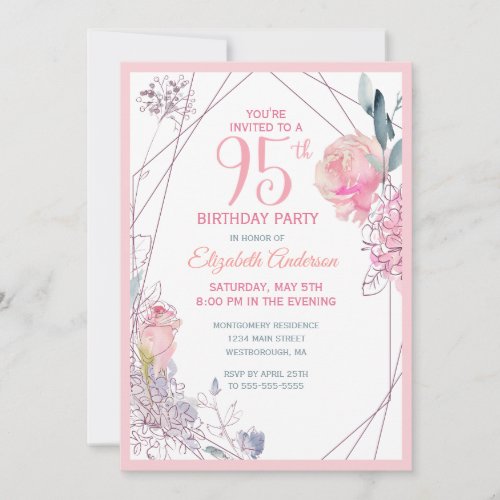95th Birthday Floral Blush Rose Watercolor Party Invitation