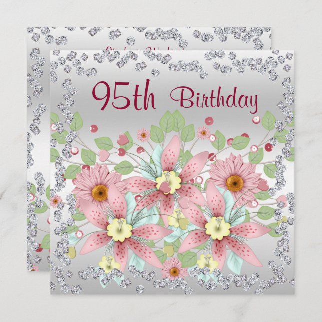 95th Birthday Floral Display & Diamonds Invitation (Front/Back)