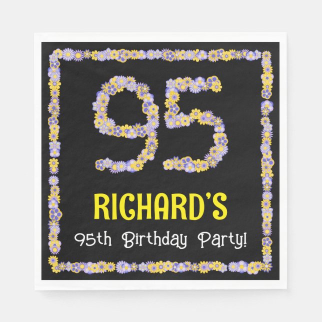 95th Birthday: Floral Flowers Number, Custom Name Napkins (Front)