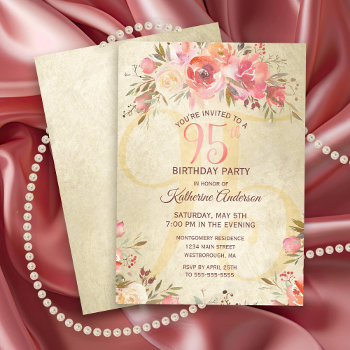 95th Birthday Floral Pink Roses Gold Shimmer Party Invitation by ilovedigis at Zazzle