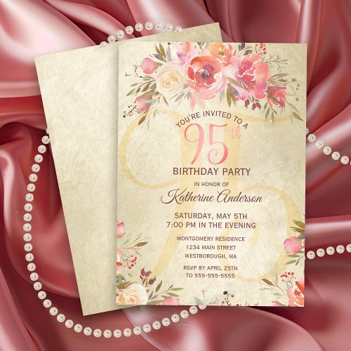 95th Birthday Floral Pink Roses Gold Shimmer Party Invitation