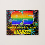 95th Birthday: Fun, Colorful Celebratory Fireworks Jigsaw Puzzle<br><div class="desc">This exciting and bold birthday jigsaw puzzle design features a large number “95” having a multicolored rainbow spectrum inspired gradient pattern. It also features the message “HAPPY 95th BIRTHDAY, ”, and a personalized recipient name. The background features an upbeat, multicolored pattern that resembles bursting celebratory fireworks. A joyful, editable birthday...</div>