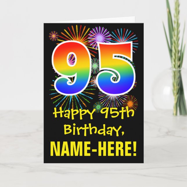 95th Birthday: Fun Fireworks Pattern + Rainbow 95 Card (Front)