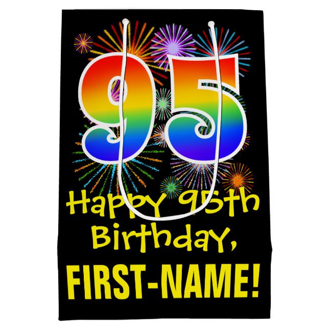 95th Birthday: Fun Fireworks Pattern + Rainbow 95 Medium Gift Bag (Back)