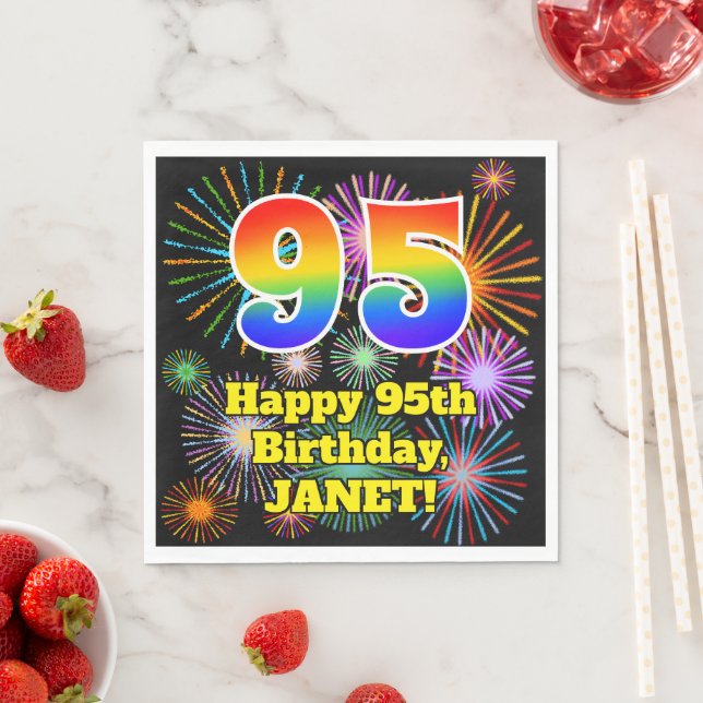 95th Birthday: Fun Fireworks Pattern + Rainbow 95 Napkins (Insitu)