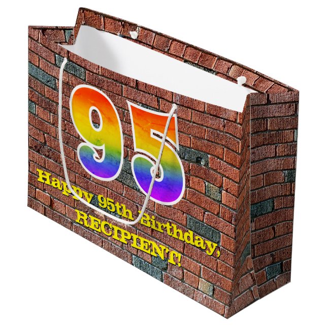 95th Birthday: Fun, Graffiti-Inspired Rainbow # 95 Large Gift Bag (Front Angled)