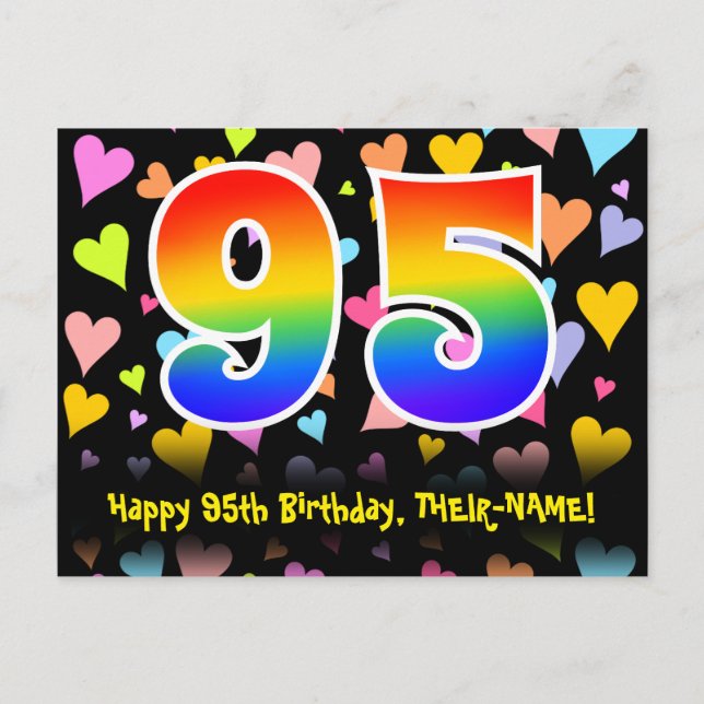 95th Birthday: Fun Hearts Pattern, Rainbow 95 Postcard (Front)