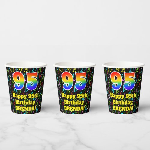 95th Birthday Fun Music Notes Pattern Rainbow 95 Paper Cups