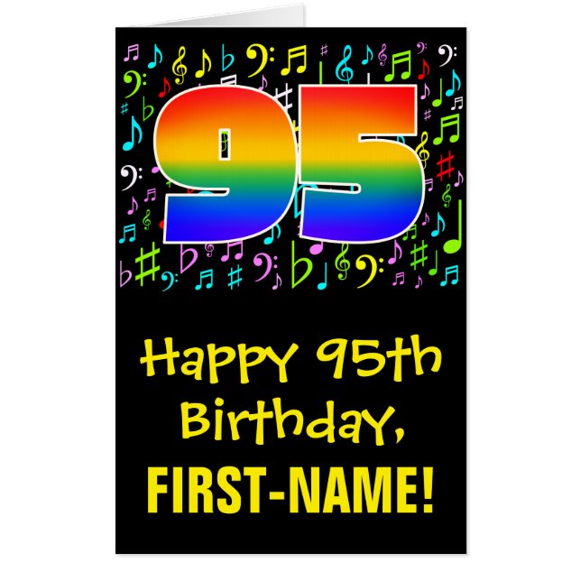 95th Birthday: Fun Music Symbols + Rainbow # 95 Card (Front)