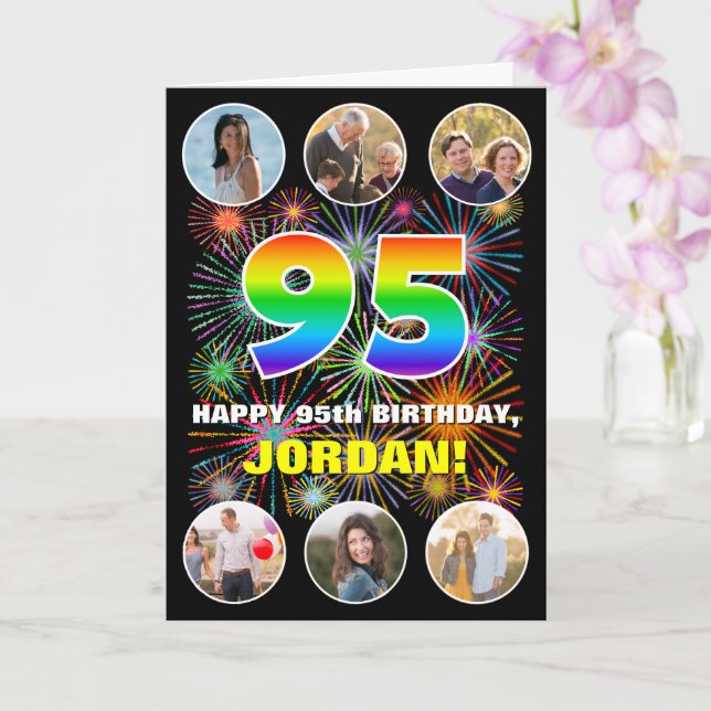 95th Birthday: Fun Rainbow #, Custom Name & Photos Card (Orchid)