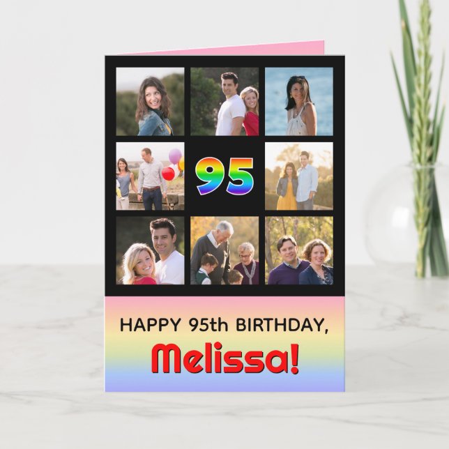 95th Birthday: Fun Rainbow #, Custom Photos + Name Card (Front)