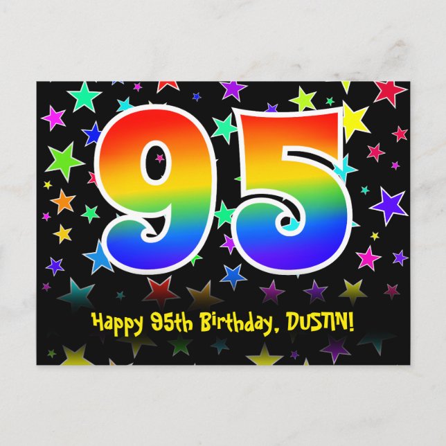 95th Birthday: Fun Stars Pattern, Rainbow 95, Name Postcard (Front)