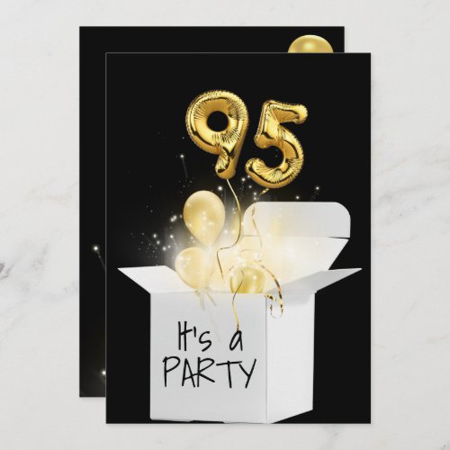 95th Birthday Gold Balloons In White Box   Invitation