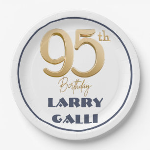 95th Birthday Gold Navy Blue Custom Name Paper Plates