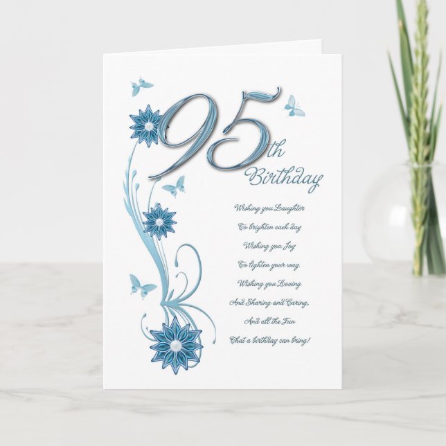 95th birthday in teal with flowers and butterflies card (Front)