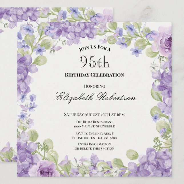 95th Birthday Invitation Elegant Purple Floral (Creator Uploaded)