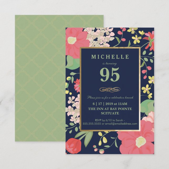 95th Birthday Invitation - Gold, Elegant Floral (Front/Back)