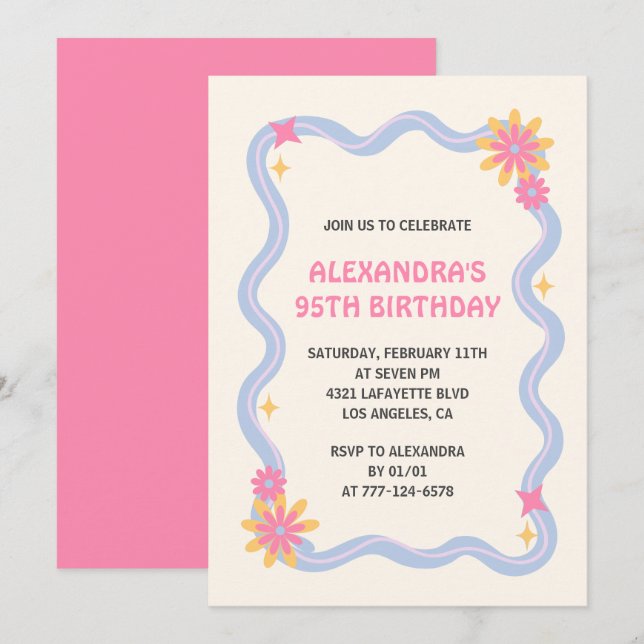 95th birthday invitation Retro Groovy Pink Flowers (Front/Back)