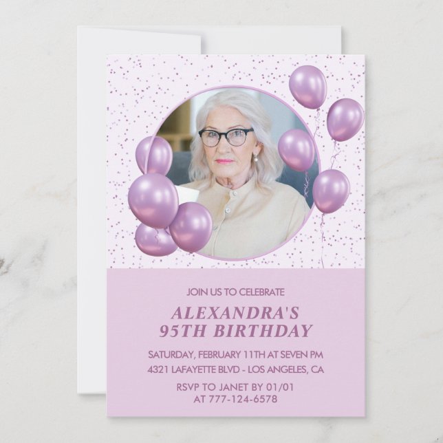 95th birthday invitations Balloons Photo Purple (Front)