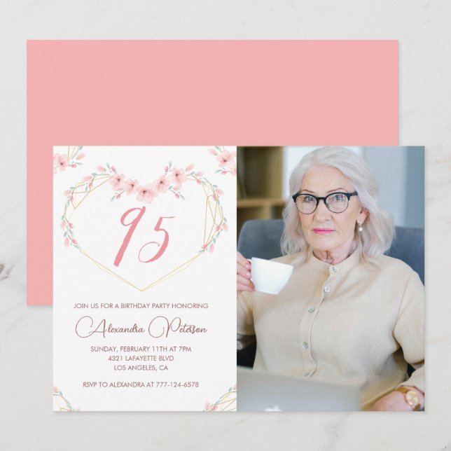 95th birthday invitations Boho Floral Photo (Front/Back)