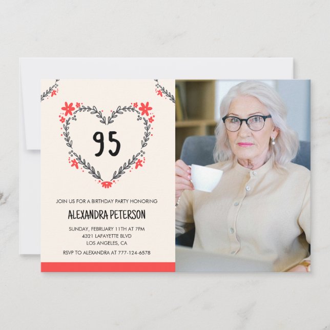 95th birthday invitations for her Floral Heart (Front)