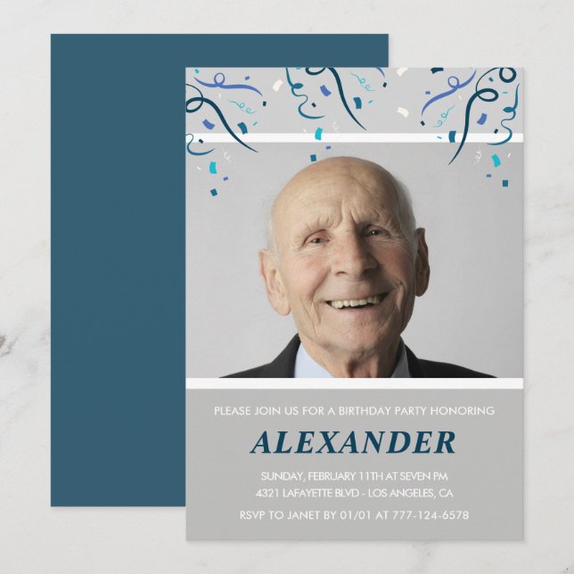 95th birthday invitations Men Confetti Photo Navy (Front/Back)