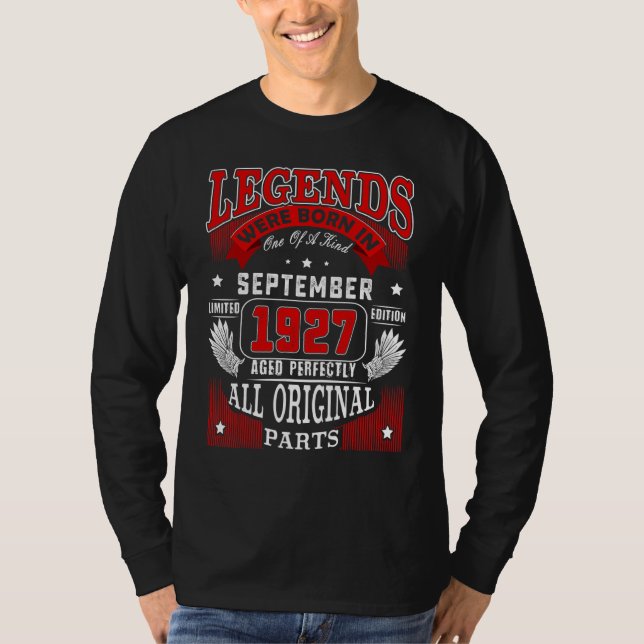 95th Birthday  Legends Born In September 1927 95 Y T-Shirt (Front)