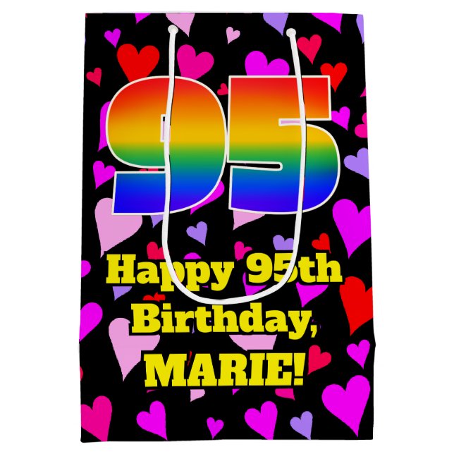 95th Birthday: Loving Hearts Pattern, Rainbow # 95 Medium Gift Bag (Back)