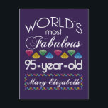 95th Birthday Most Fabulous Colorful Gems Purple Postcard<br><div class="desc">Celebrate the milestone birthday of your favorite senior citizen with this fun gift reminding them of how fabulous they are. White and grey lettering on deep purple background. Colorful diamonds in rainbow tones serve as accent. Customize with names, initials or other text. This series is in increments of 5 years...</div>
