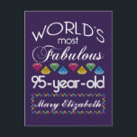 95th Birthday Most Fabulous Colorful Gems Purple Postcard<br><div class="desc">Celebrate the milestone birthday of your favorite senior citizen with this fun gift reminding them of how fabulous they are. White and grey lettering on deep purple background. Colorful diamonds in rainbow tones serve as accent. Customize with names, initials or other text. This series is in increments of 5 years...</div>