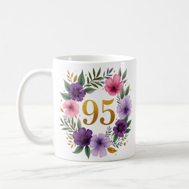 95th Birthday Mug – Floral Wreath with Gold Number (Left)