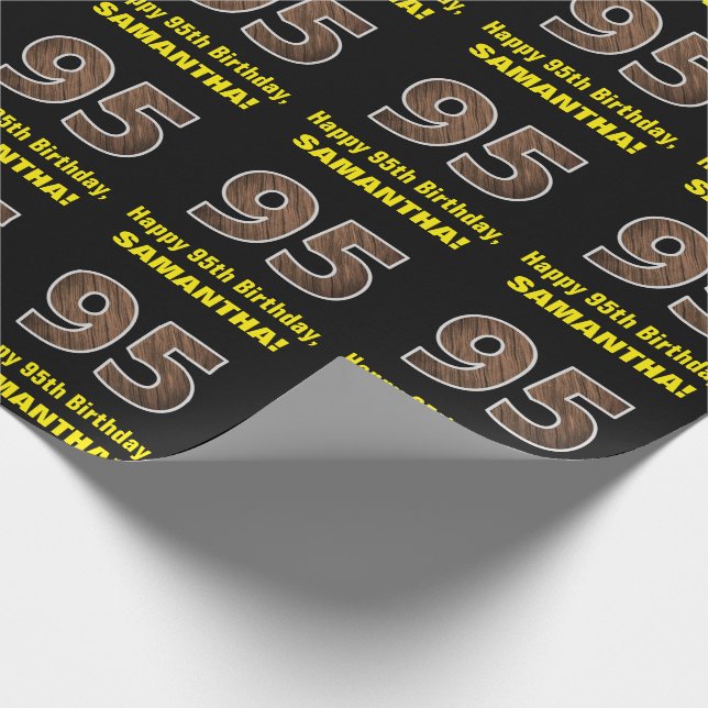 95th Birthday: Name & Faux Wood Grain Pattern "95" Wrapping Paper (Corner)