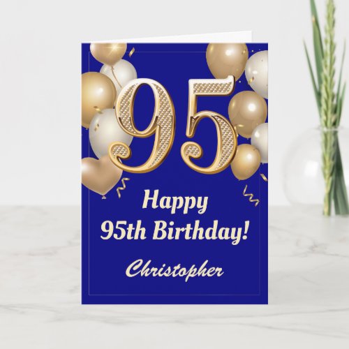 95th Birthday Navy Blue and Gold Balloons Confetti Card