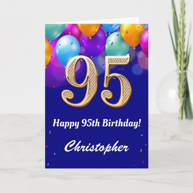 95th Birthday Navy Blue and Gold Colorful Balloons Card (Front)