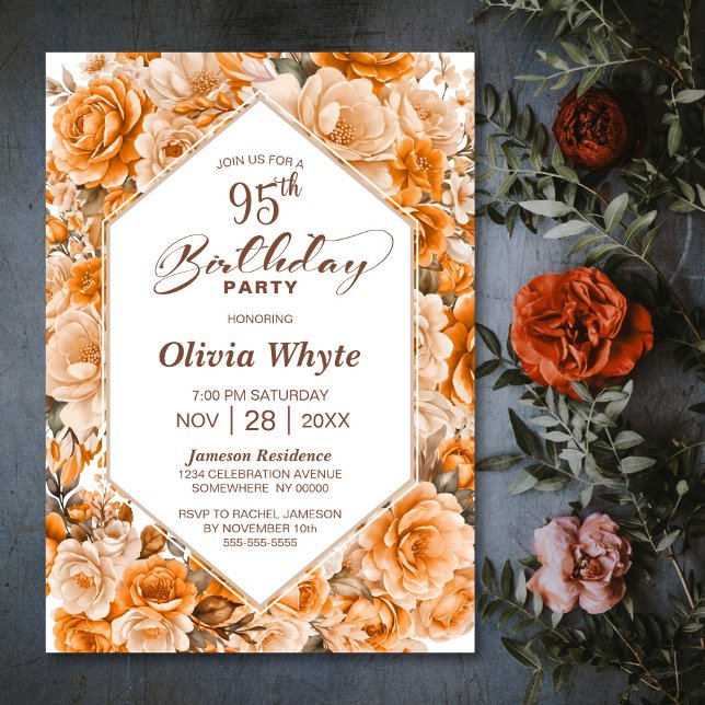 95th Birthday Orange Rose Floral Party Invitation (Creator Uploaded)